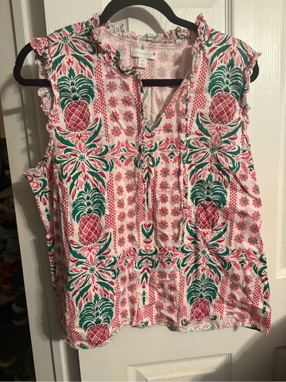 Charter Club Pink & Green Pineapple Print Ruffle Trim Camisole